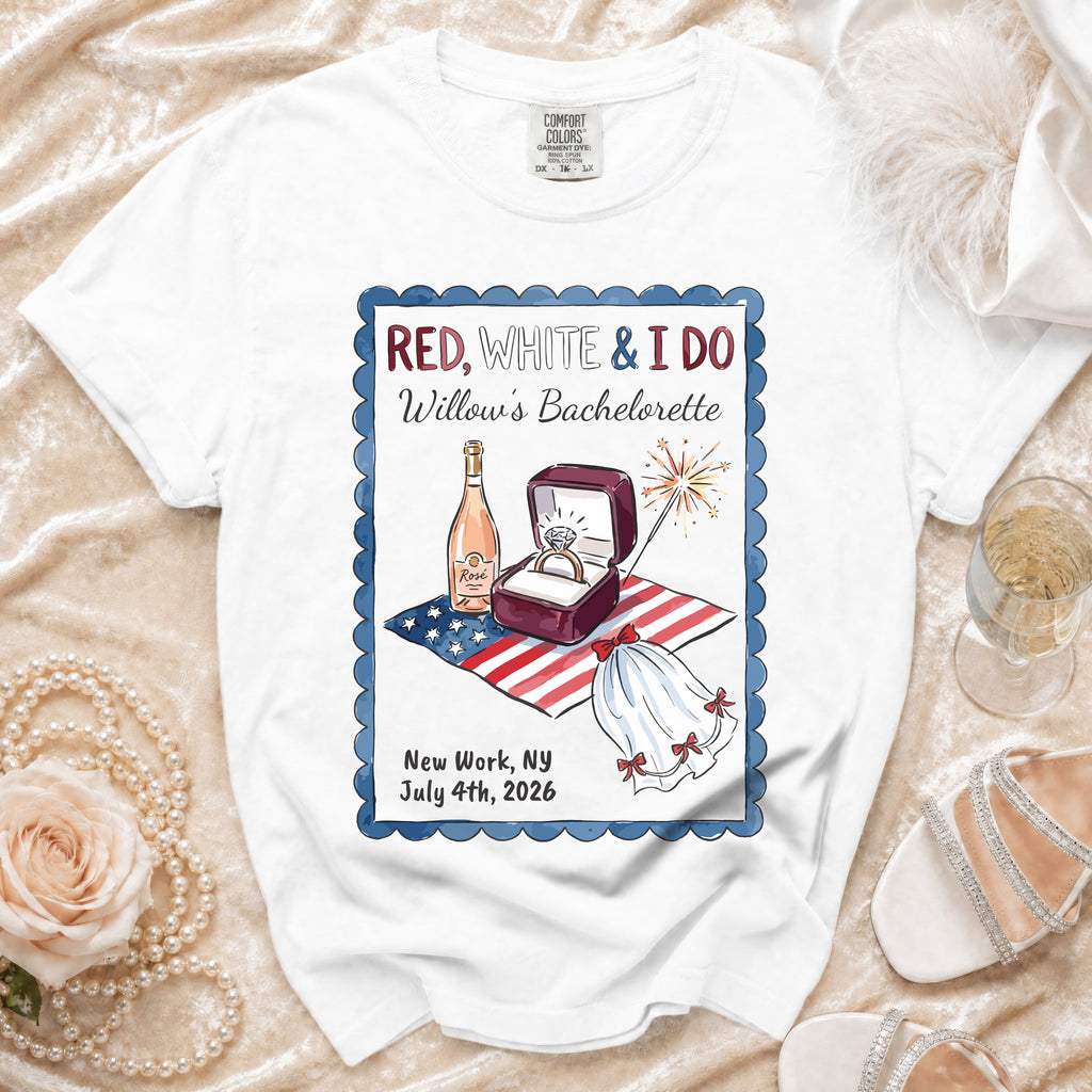 White bachelorette t-shirt with "Red, White & I Do" design.