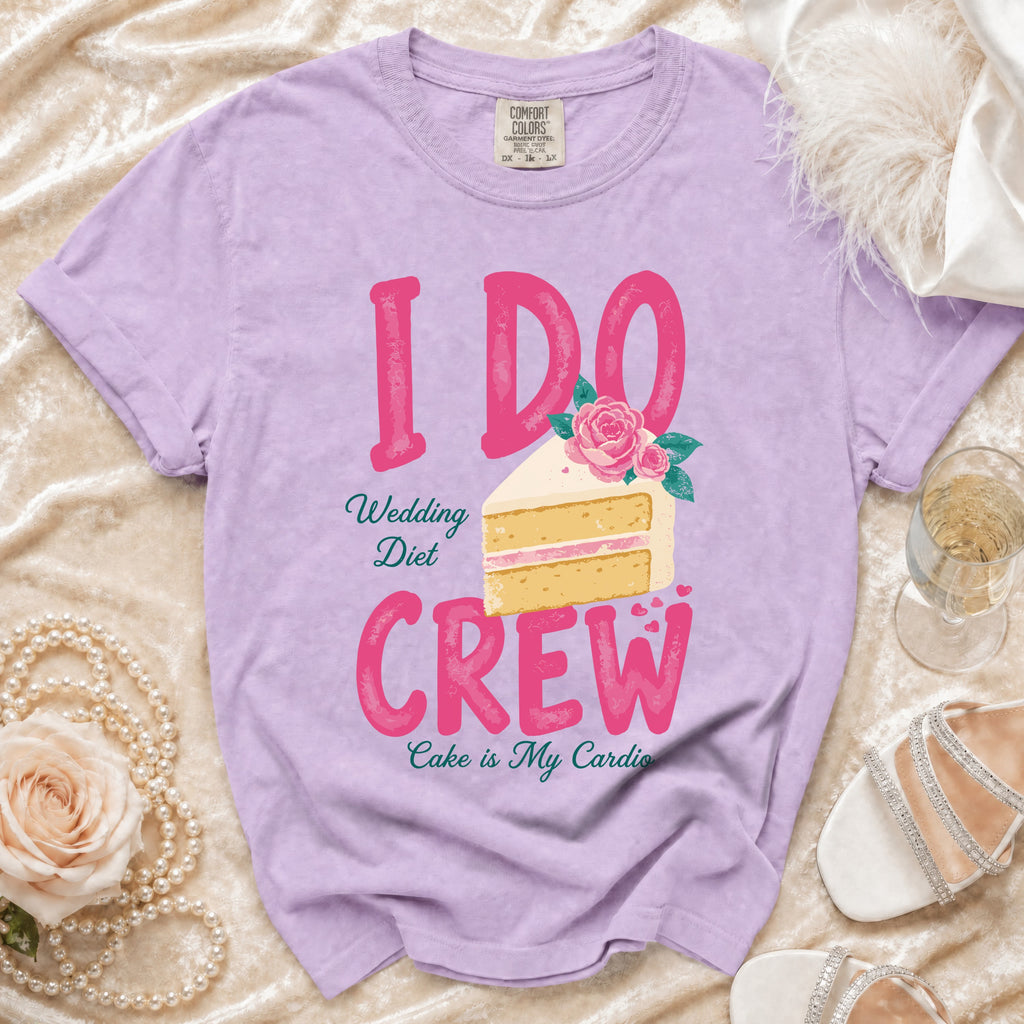 Lavender t-shirt with "I DO Wedding Diet CREW Cake is My Cardio" graphic.