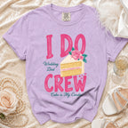 Lavender t-shirt with "I DO Wedding Diet CREW Cake is My Cardio" graphic.