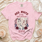 Red, white, and "I Do" bachelorette t-shirt with "Willow's Bachelorette" and date.