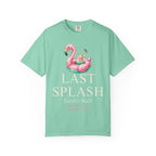 Mint t-shirt with flamingo float, "Last Splash Sarah's Bach Malibu, CA Summer 2023".