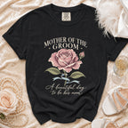 Black t-shirt with "Mother of the Groom" text and rose graphic.