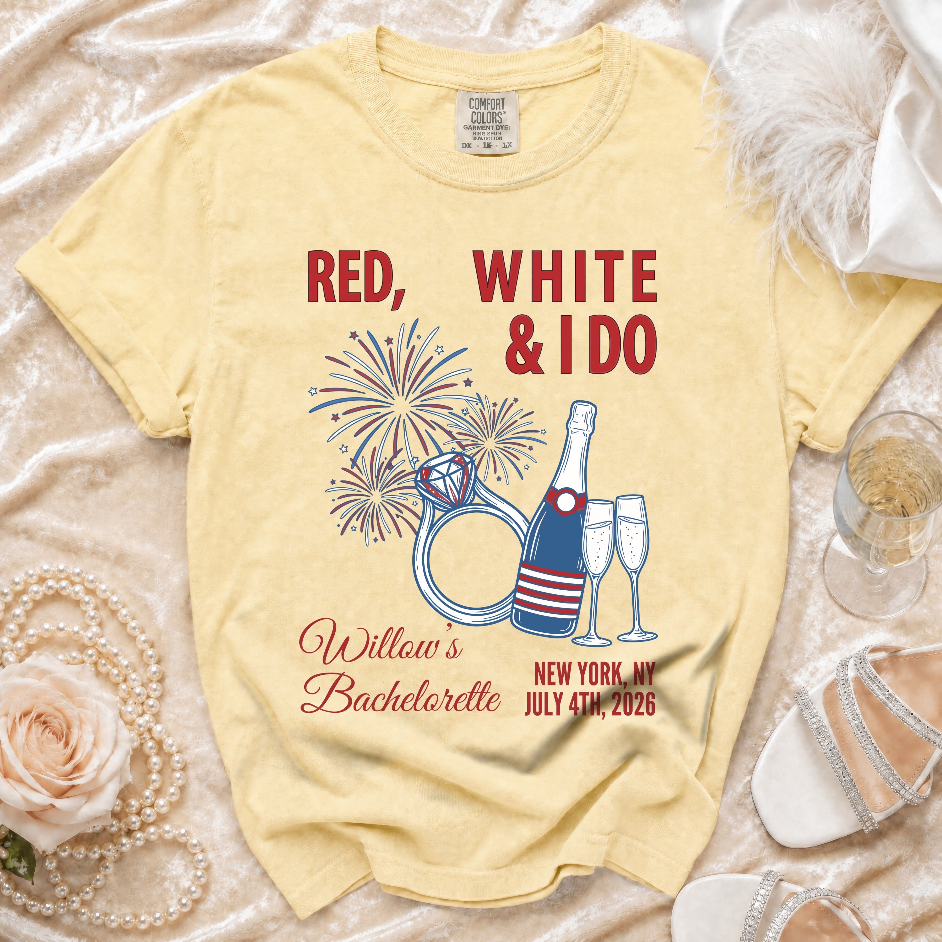 Red, White & I Do t-shirt with ring, fireworks, and bachelorette details.