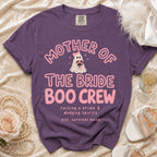 Purple t-shirt with "Mother of the Bride Boo Crew" text and ghost graphic.