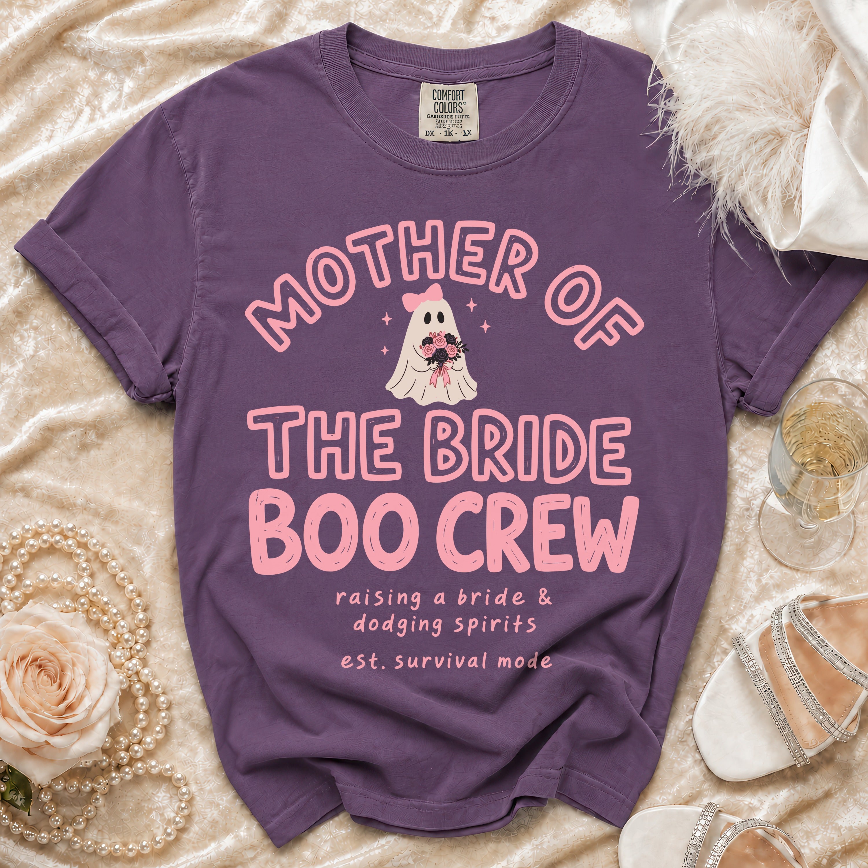 Purple t-shirt with "Mother of the Bride Boo Crew" text and ghost graphic.