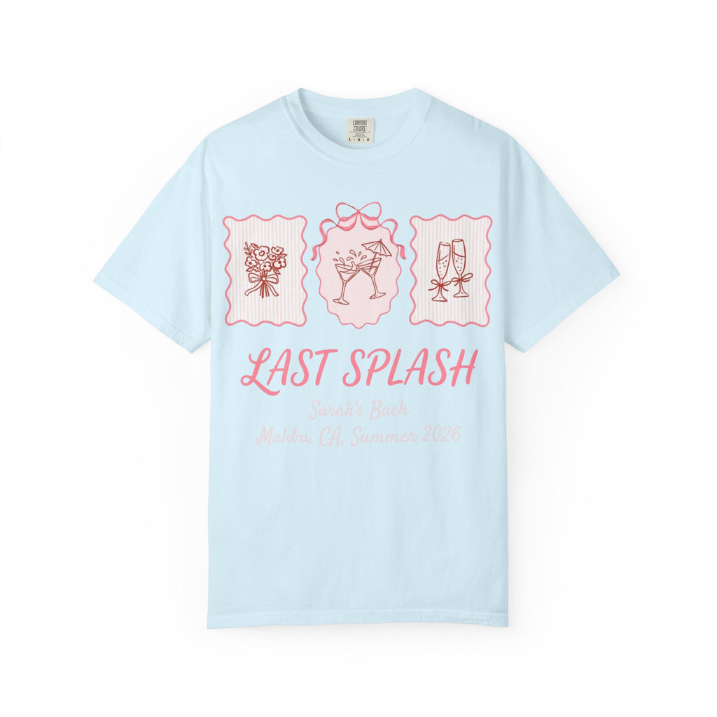 Light blue t-shirt with "Last Splash Sarah's Bach Malibu CA Summer 2026" text and illustrations.