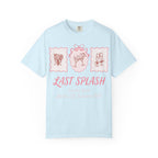 Light blue t-shirt with "Last Splash Sarah's Bach Malibu CA Summer 2026" text and illustrations.