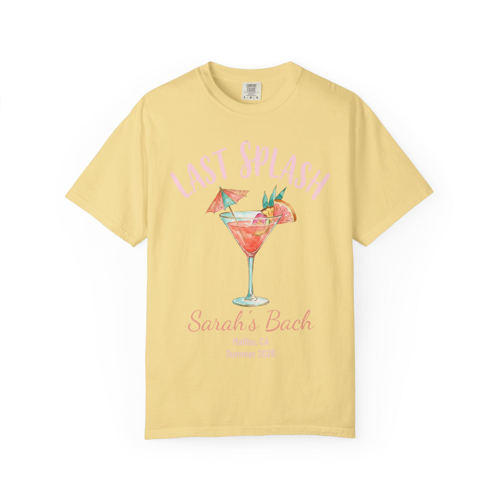 "Last Splash Sarah's Bach" text above a cocktail in a yellow t-shirt.