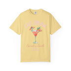 "Last Splash Sarah's Bach" text above a cocktail in a yellow t-shirt.