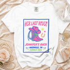 White t-shirt with "Her Last Rodeo" and bachelorette party details.