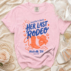 Pink t-shirt with "Jennifer's Last Rodeo" text, cowboy boot, and bandana.