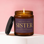 Candle with lid off, lit flame, and text "Sister" and "Will you be my bridesmaid?".