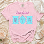 Pink t-shirt with "Last Splash Sarah's Bach Malibu, CA" and cocktail graphics.