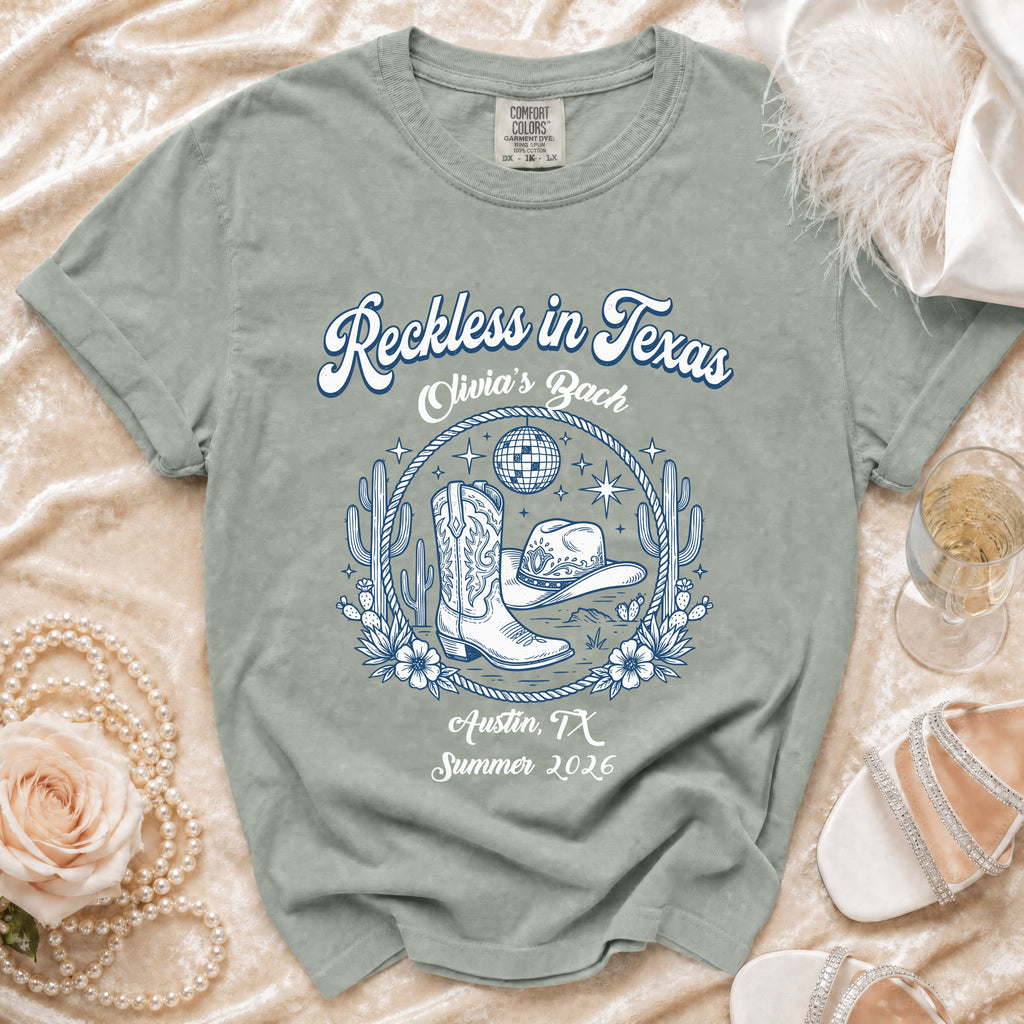 T-shirt with "Reckless in Texas Olivia's Bach" and Austin, TX Summer 2026.