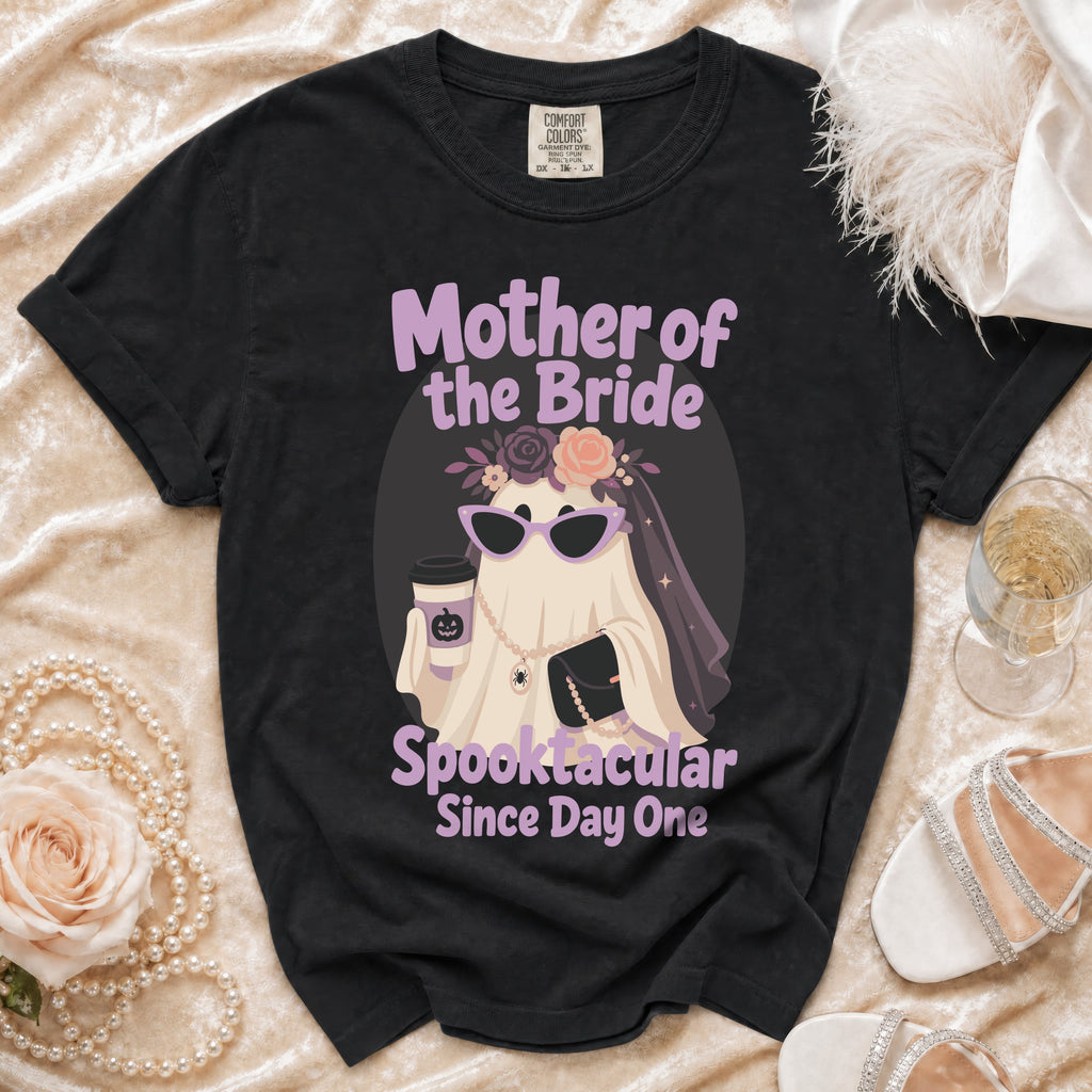 Black t-shirt with "Mother of the Bride Spooktacular Since Day One" text and ghost graphic.