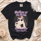 Black t-shirt with "Mother of the Bride Spooktacular Since Day One" text and ghost graphic.