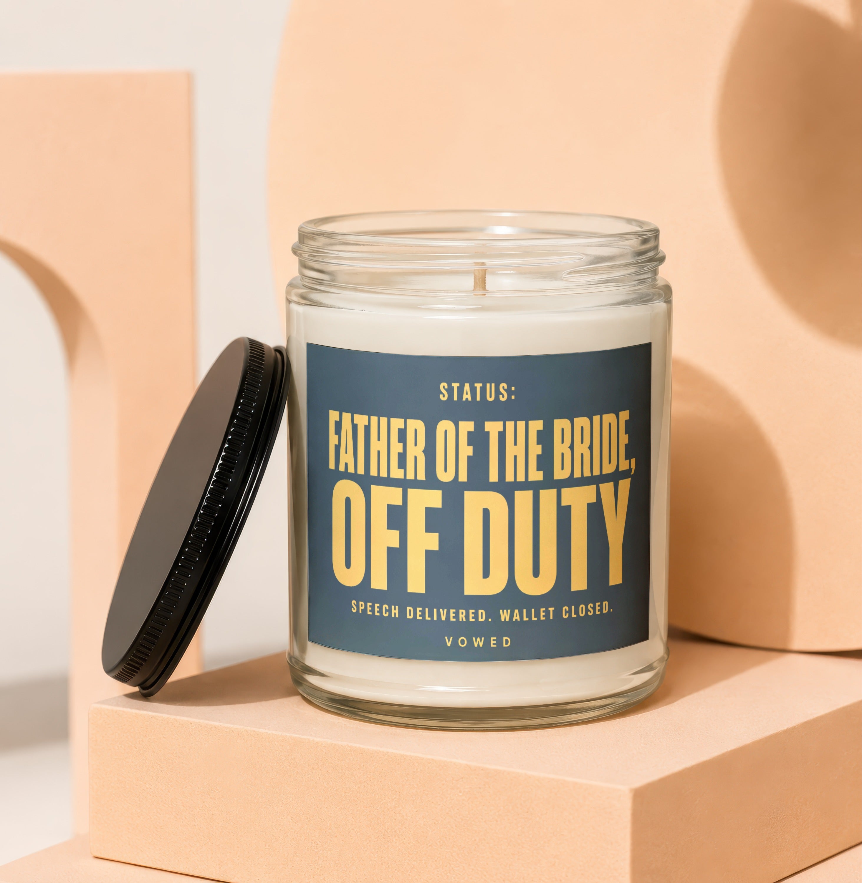 Candle with "Status: Father of the Bride, Off Duty" text.
