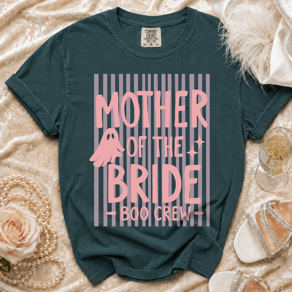 Mother of the Bride Boo Crew t-shirt with ghost graphic and vertical stripes.