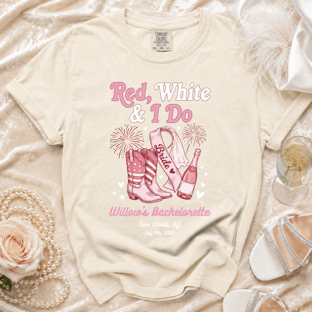 Red, White & I Do bride graphic on t-shirt with cowboy boots, fireworks, and champagne.
