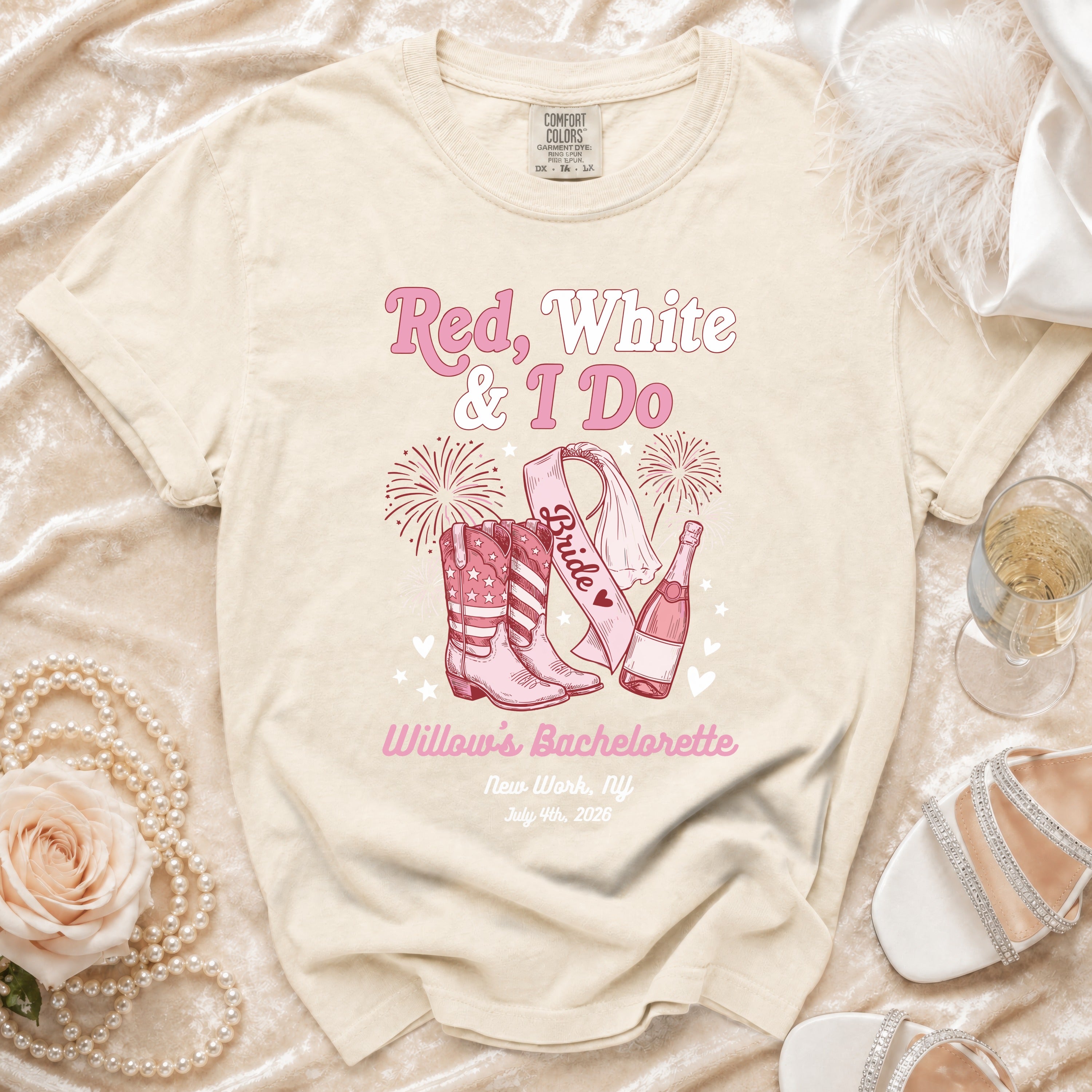 Red, White & I Do bride graphic on t-shirt with cowboy boots, fireworks, and champagne.