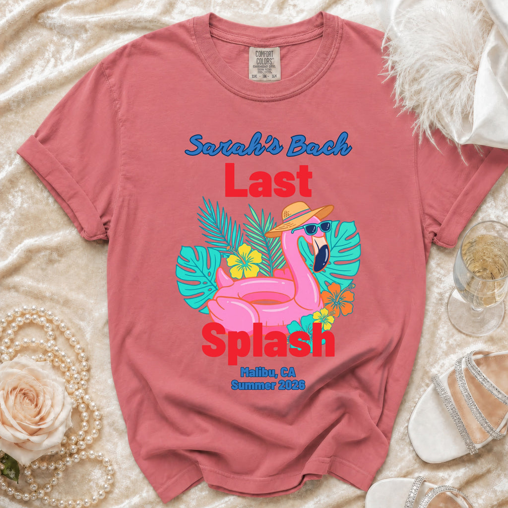 Sarah's Bach Last Splash t-shirt with flamingo and tropical leaves.
