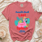 Sarah's Bach Last Splash t-shirt with flamingo and tropical leaves.