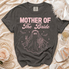 Dark grey t-shirt with pink "Mother of The Bride" text and ghost bride graphic.