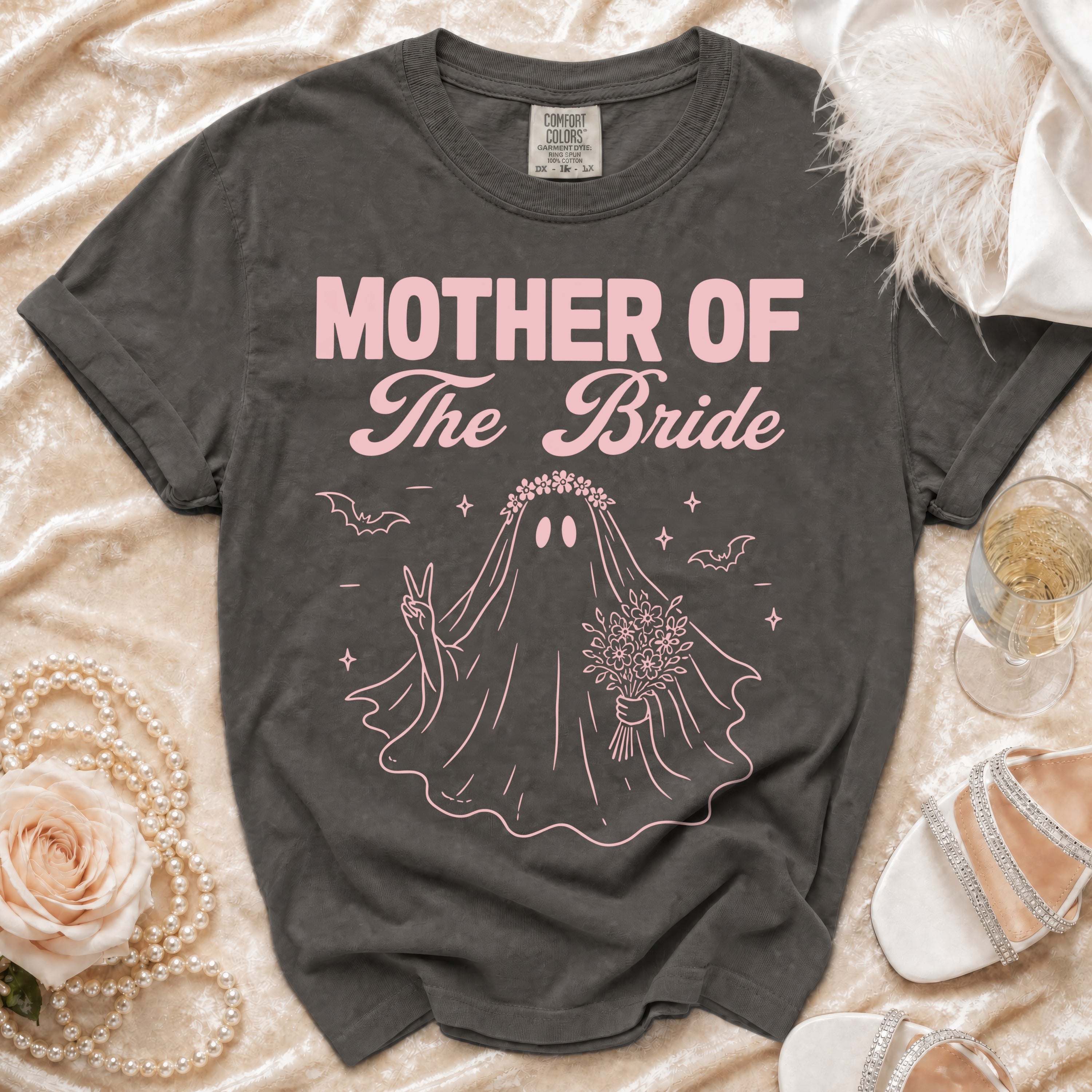 Dark grey t-shirt with pink "Mother of The Bride" text and ghost bride graphic.
