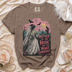 T-shirt graphic with zombie bride holding wine, text "Mother of the Bride... And the Night Survivor".