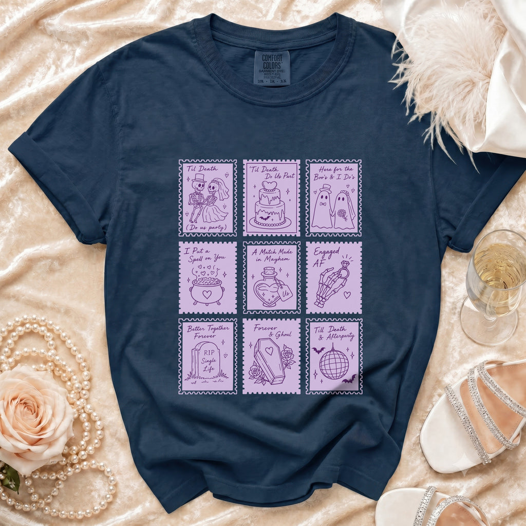 Navy t-shirt with nine purple postage stamp style graphics of spooky wedding and engagement themes.