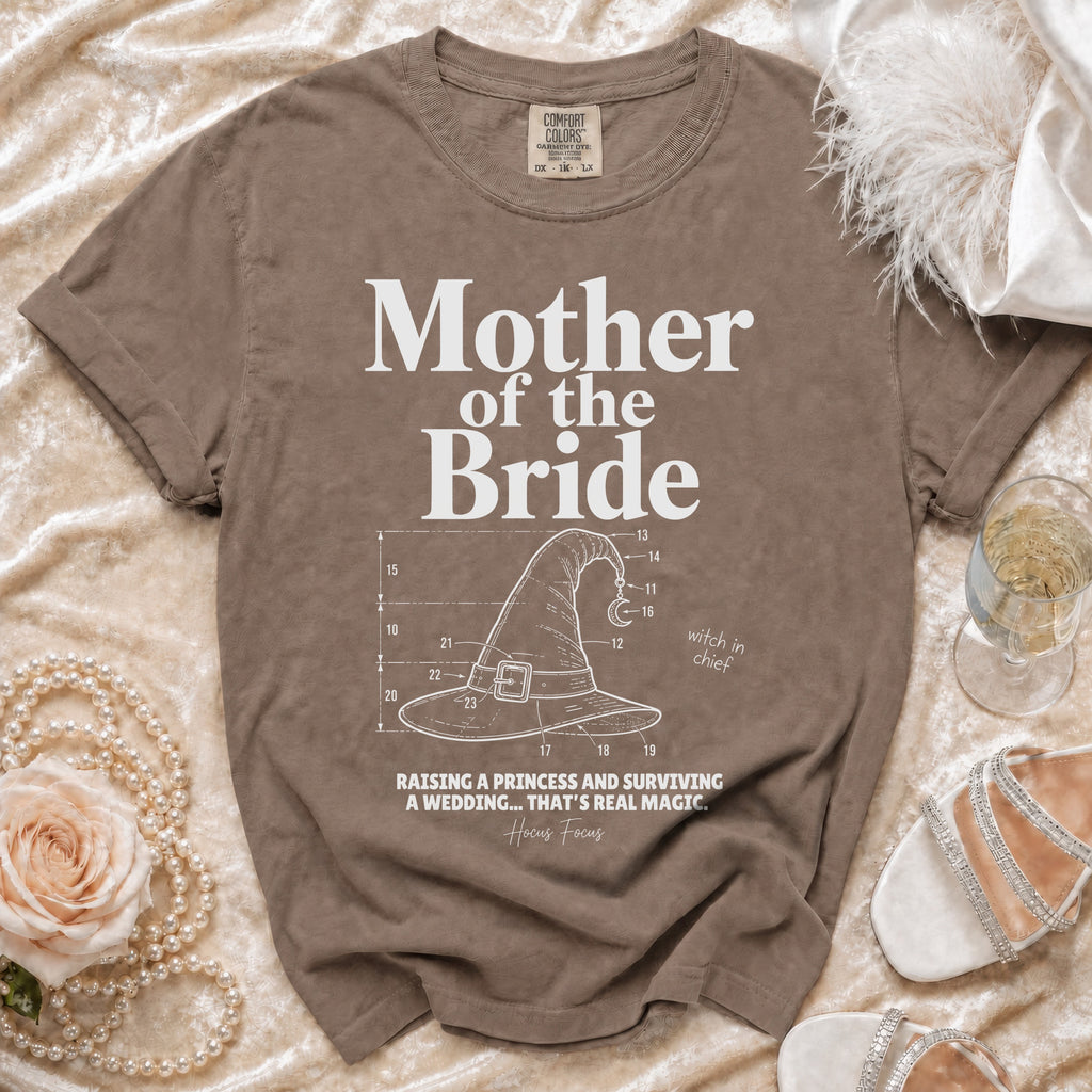 Comfort Colors Mother of the Bride t-shirt with witch hat graphic and Hocus Focus text.