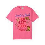 Pink t-shirt with "Jennifer's Bach HER LAST RODEO" and Western graphics.