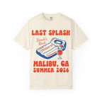 Cream t-shirt with "Last Splash Sarah's Bach Malibu, CA Summer 2026" text.