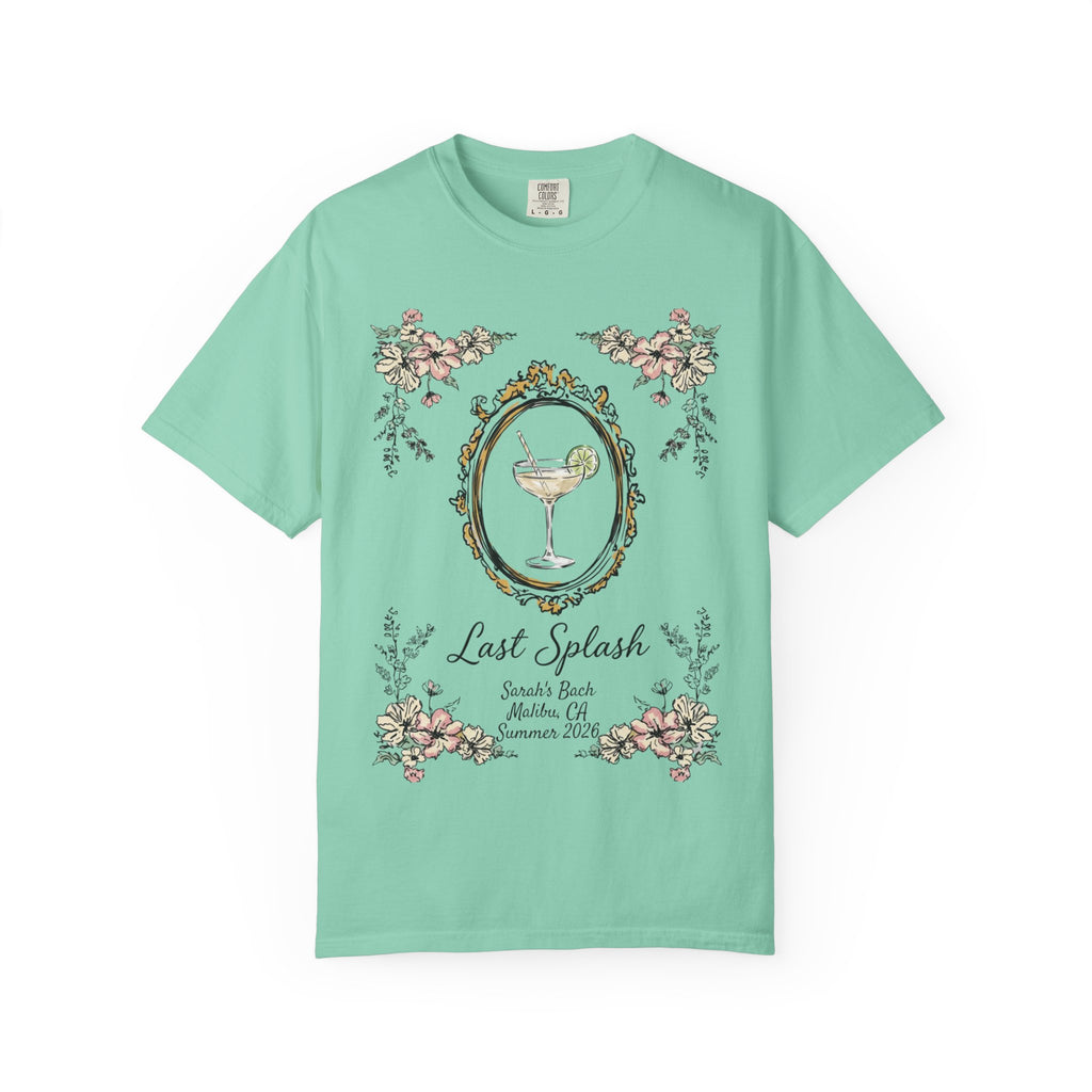 Last Splash cocktail graphic with decorative frame and text on mint t-shirt.
