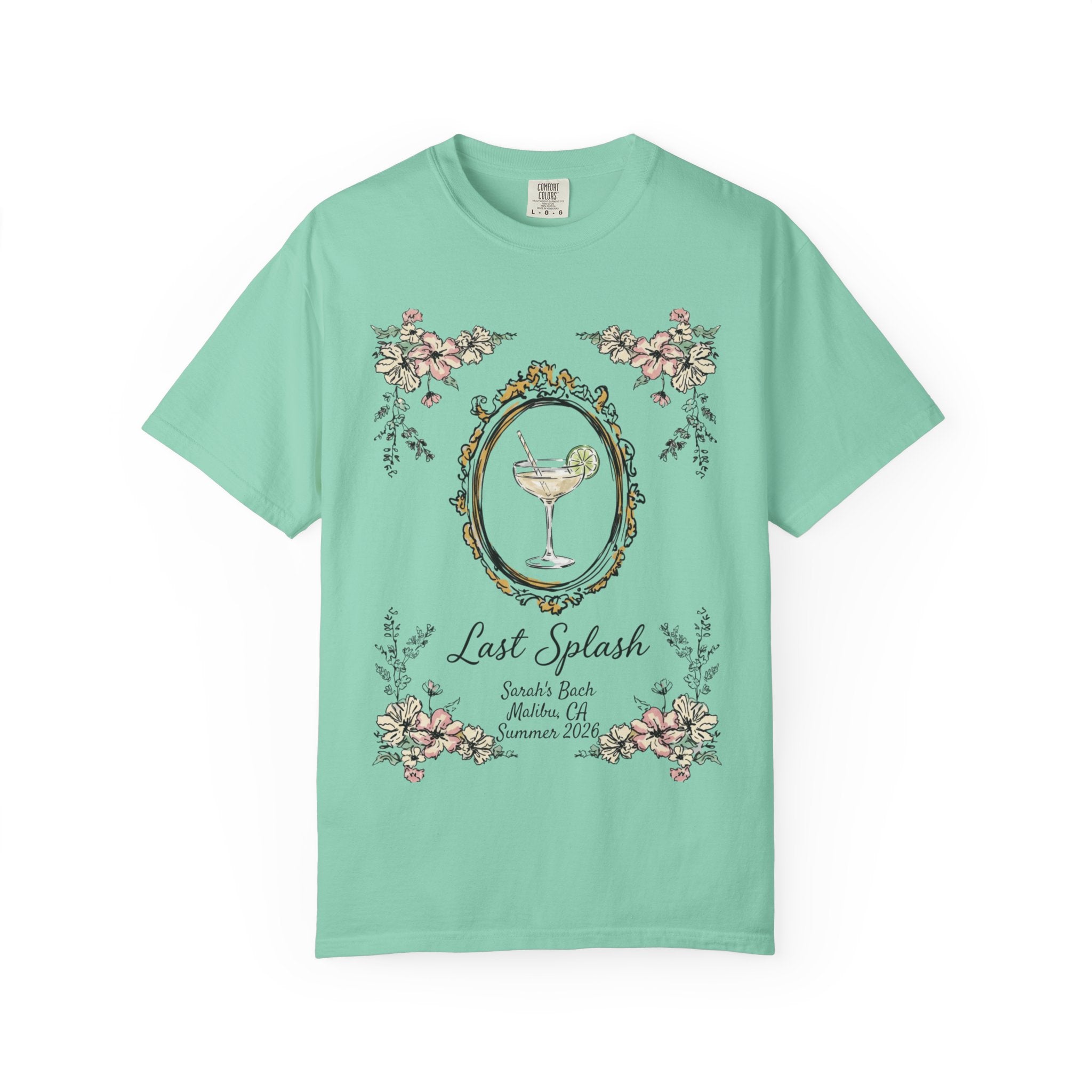 Last Splash cocktail graphic with decorative frame and text on mint t-shirt.