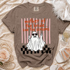 Brown Comfort Colors t-shirt with "mother of the bride... cue the screams" text and a ghost graphic.