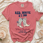Red, White & I Do bachelorette t-shirt with cowboy boots and fireworks.