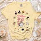 Yellow t-shirt with "Mother of the Boo" graphic and Halloween-themed illustrations.