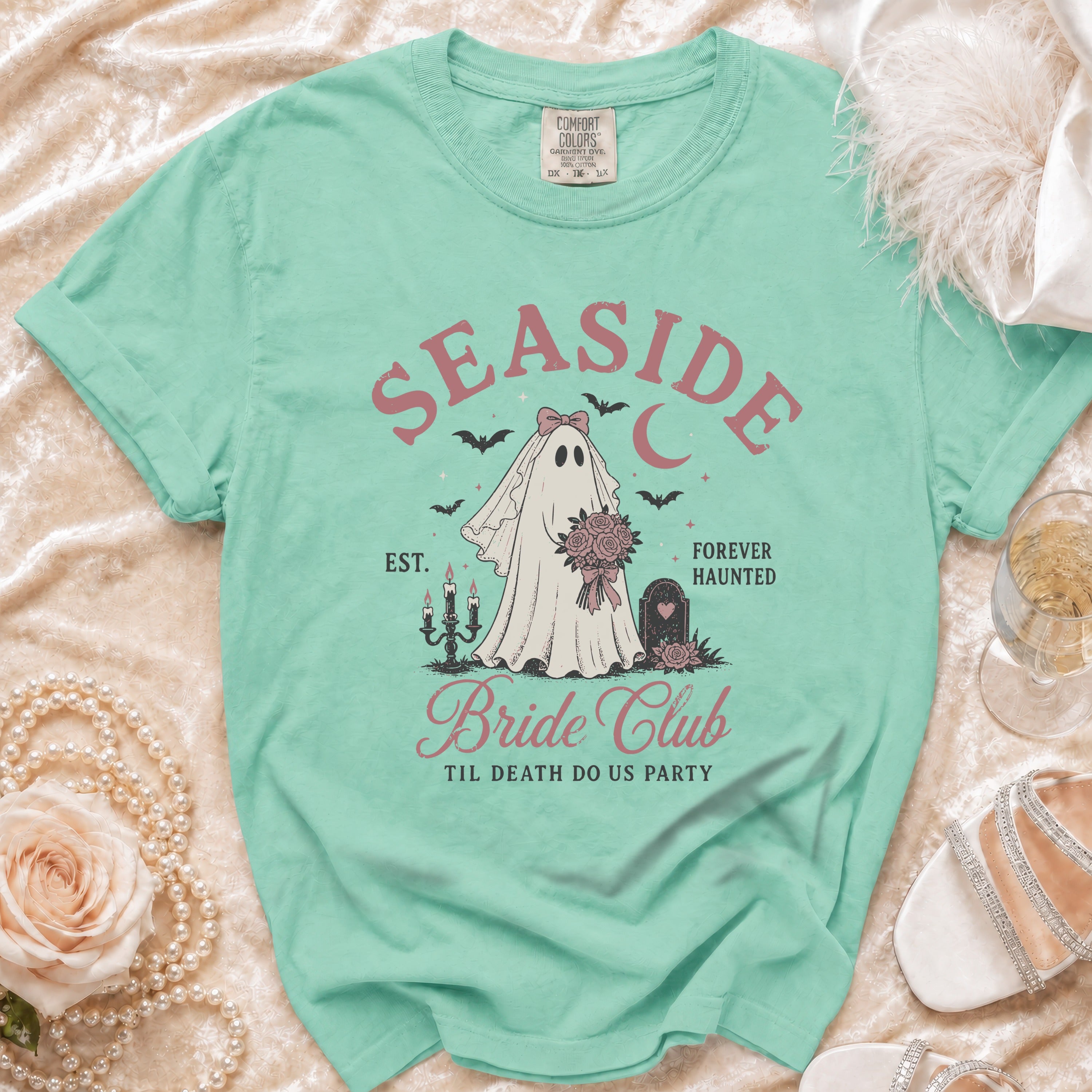 T-shirt with ghost bride graphic and text "Seaside Bride Club Til Death Do Us Party".
