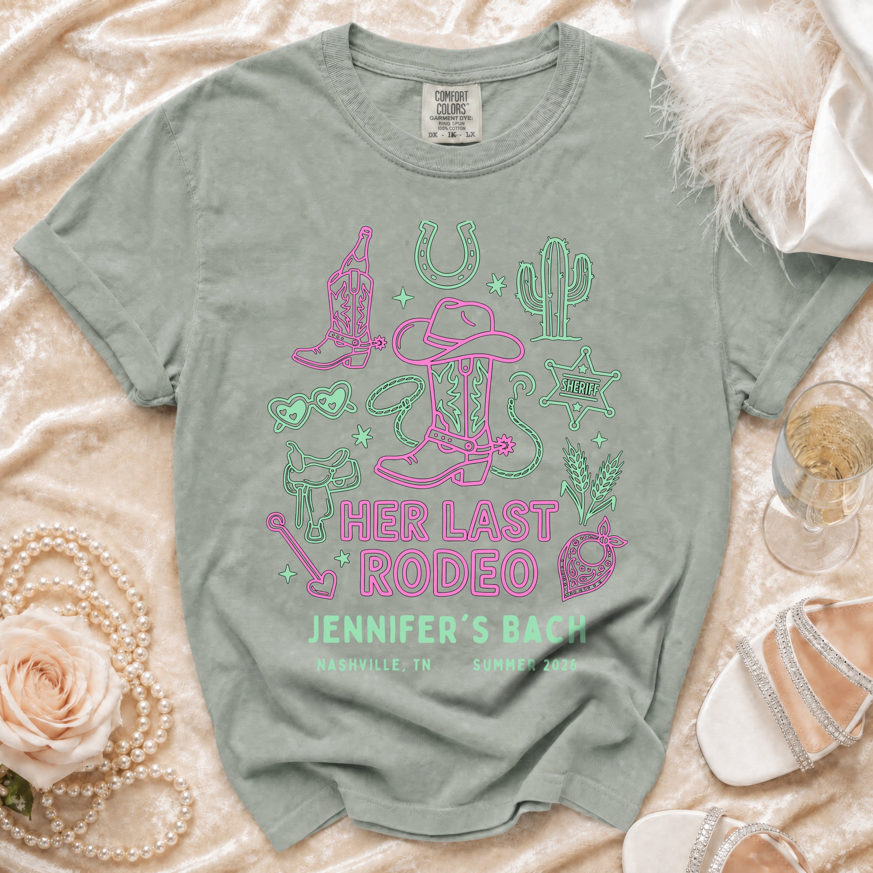 Bachelorette t-shirt with "Her Last Rodeo Jennifer's Bach" text and rodeo graphics.