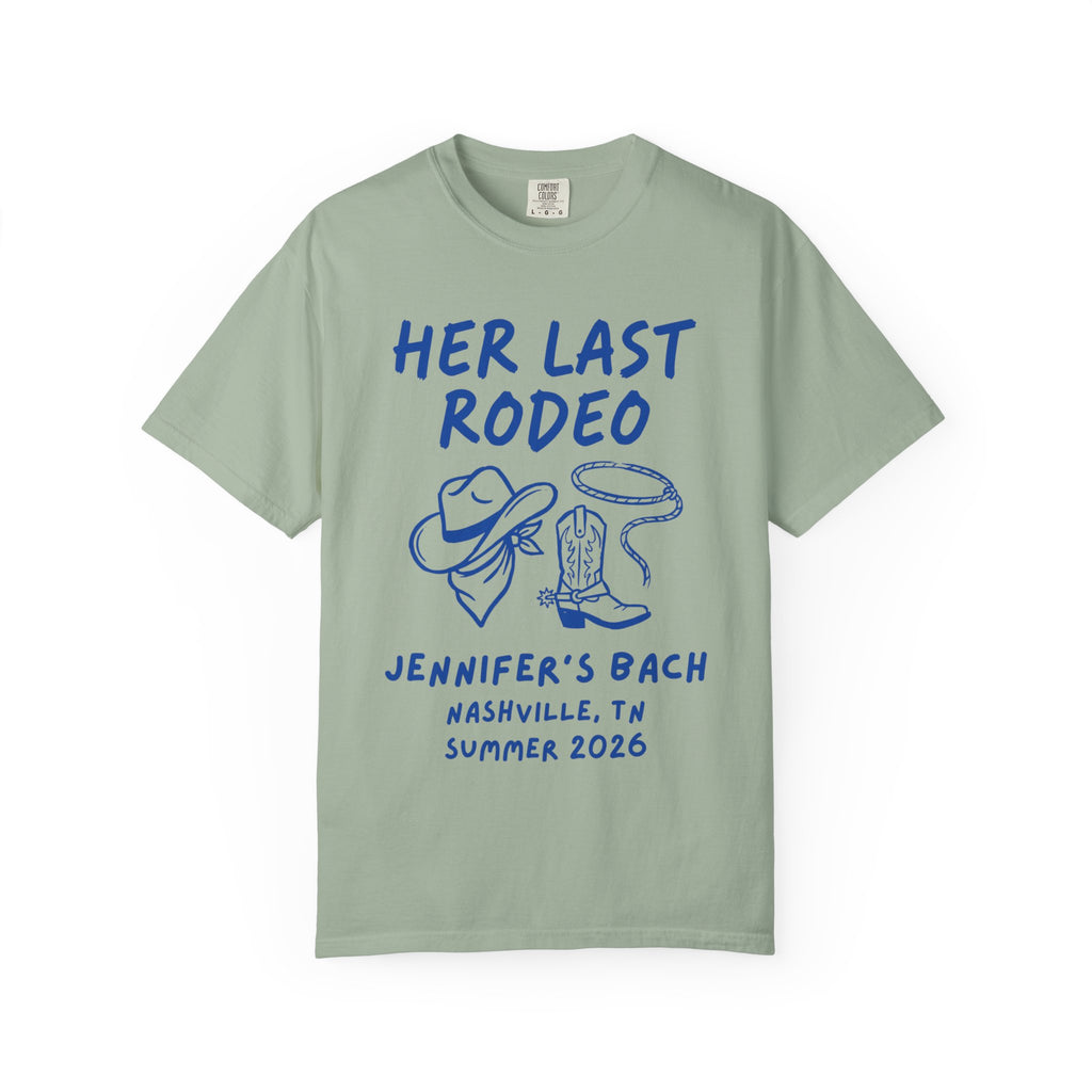 T-shirt with "Her Last Rodeo" and bachelorette details.