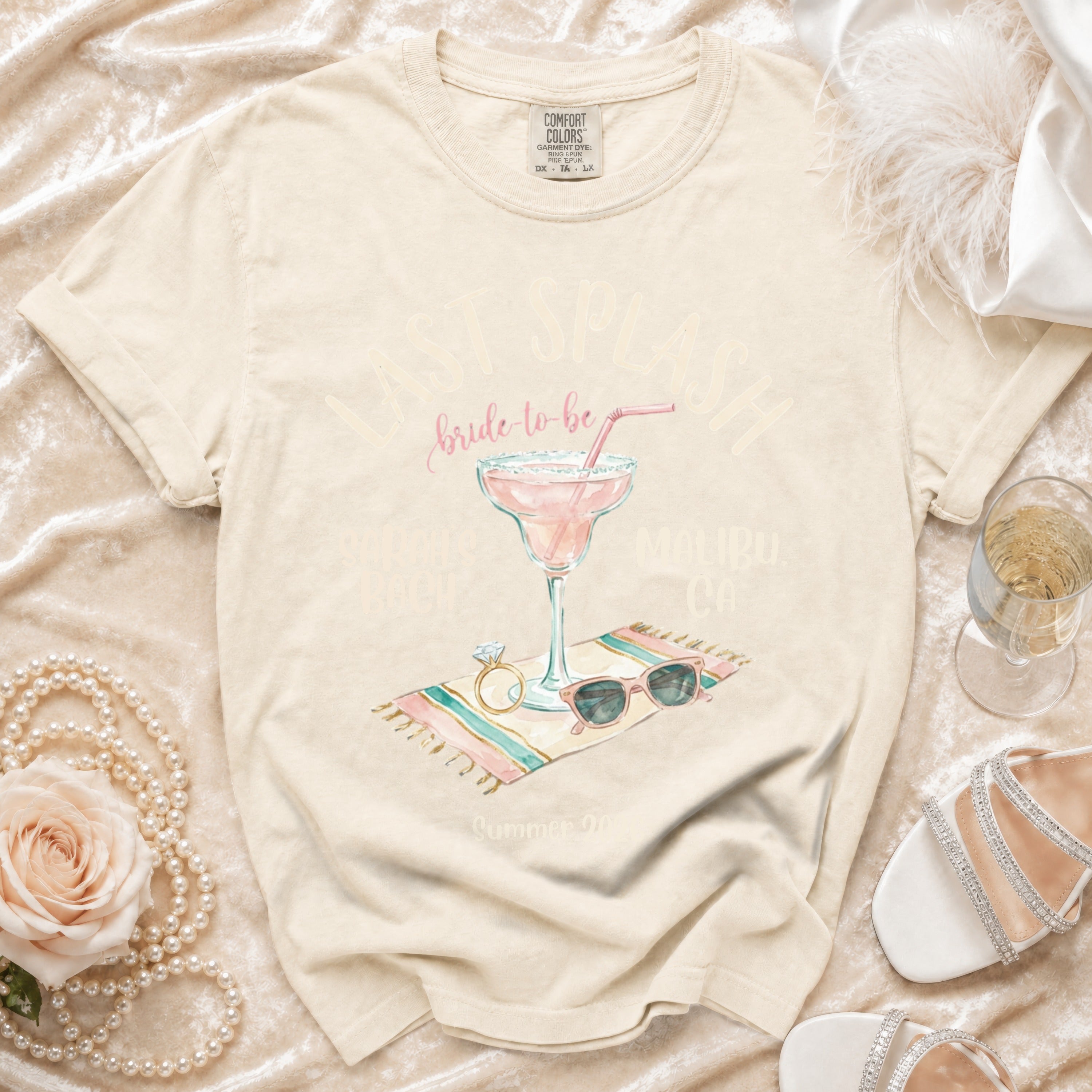 "Last Splash bride-to-be Malibu CA graphic t-shirt with a margarita and sunglasses."