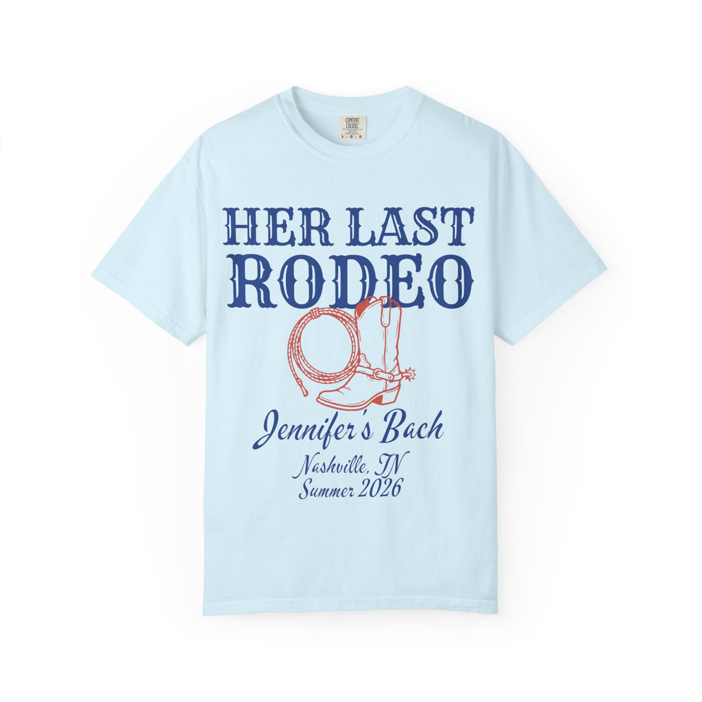 Light blue t-shirt with "Her Last Rodeo" and cowboy boot design for Jennifer's Bach.