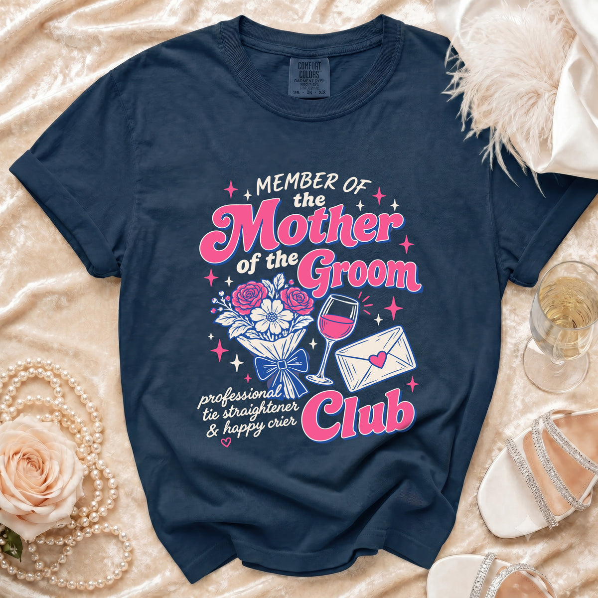 Navy t-shirt with "Member of the Mother of the Groom Club" design.