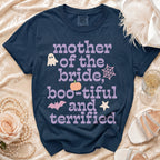 Dark navy t-shirt with "Mother of the bride, boo-tiful and terrified" text.