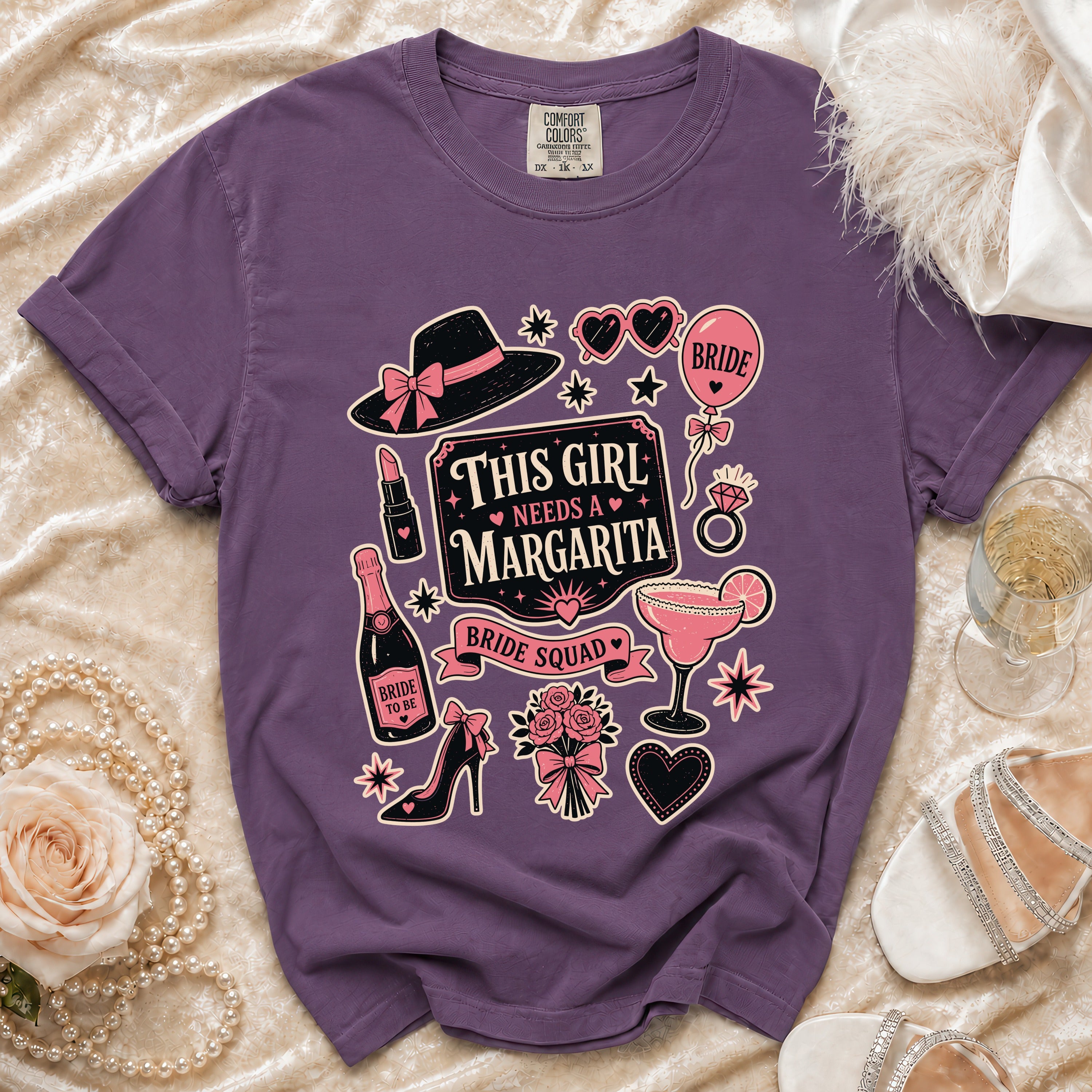 Purple t-shirt with "This Girl Needs a Margarita Bride Squad" graphic.