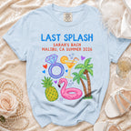"Last Splash" Sarah's Bach Malibu, CA Summer 2026 t-shirt with beach graphics.