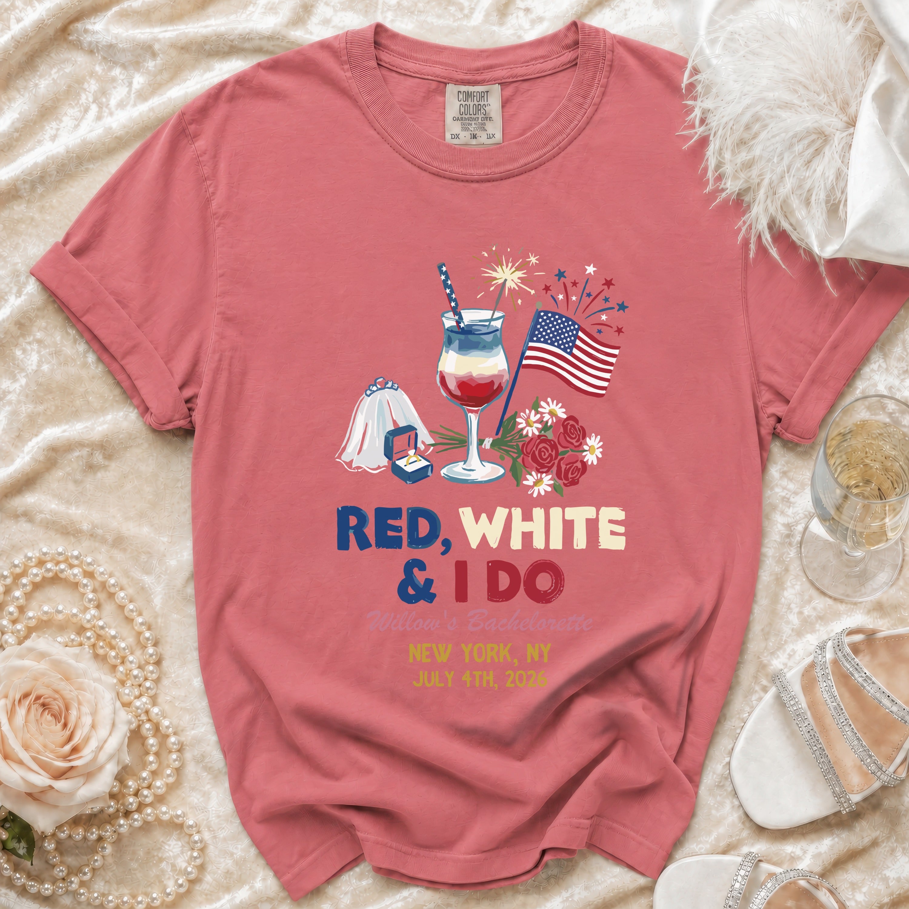 Red, White & I Do bachelorette t-shirt with fireworks and flag.