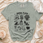 T-shirt with black line art design "Bridal Flash" text and wedding-themed icons.