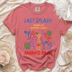 Coral t-shirt with "Last Splash Malibu, CA Summer 2026 Sarah's Bach" and tropical graphics.